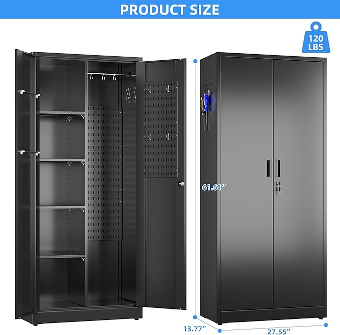 27.55 in Wide Garage Storage Cabinet, Metal Storage Cabinet with Pegboards and 4 Adjustable Shelves, Garage Storage System with Lockable Door for Offices, Gyms and Pantries, Black