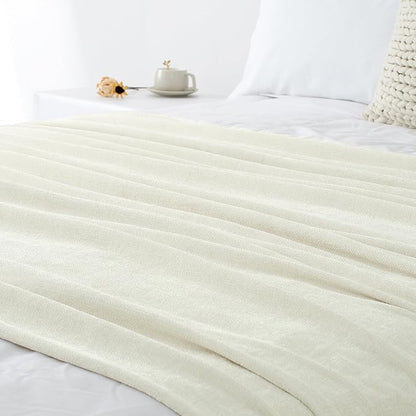 Chenille Throw Blanket for Couch 50"X 60", Soft Cozy Throws with Fringe Tassel for Bed Sofa Chair Cover, Lightweight Knitted Decorative Boho Blankets for Living Room, Ivory White
