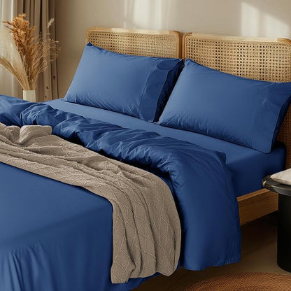 LBRO2M 100% Cotton Sheets Set Deep Pocket 24", 1000 Thread Count Full Size 4 Piece Bed Sheet Sets Soft Comfortable Bedding All Seasonn (Full, Navy Blue)