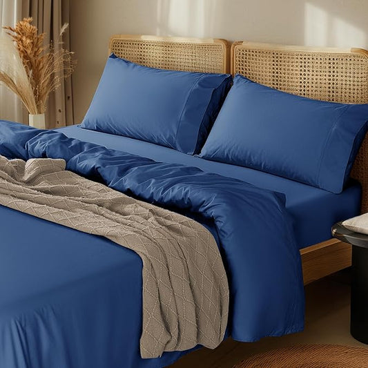 LBRO2M 100% Cotton Sheets Set Deep Pocket 24", 1000 Thread Count Full Size 4 Piece Bed Sheet Sets Soft Comfortable Bedding All Seasonn (Full, Navy Blue)