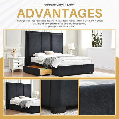 YUHUASHI Queen Size Bed Frame with 64-inch High Headboard, Simple and Airy Linen Upholstered Platform Bed with Storage Drawers, Wood Slat, No Noise (Ink Blue, Queen)