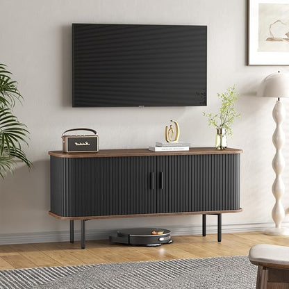 47''W Black Cabinet with Storage, Media Console, Tambour TV Stand, Television Stands with Curvy Edge; Sliding Door, Fluted Cabinet, Buffet Sideboard, Credenza, Table Stand for Living Room, Kitchen