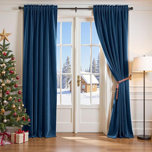 Lazzzy Velvet Blackout Curtains Thermal Insulated Room Window Drapes Super Soft Luxury Curtains for Living Room Bedroom Rod Pocket 2 Panels, Dark Blue, 52" W x 96" L