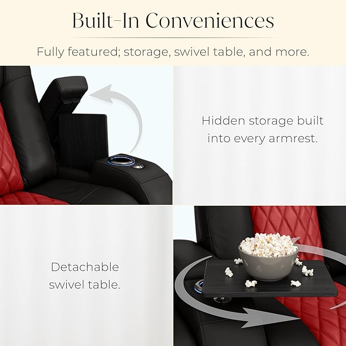 Seatcraft Diamante Zero-Gravity CoolZero Italian Leather Home Theater Seating, Power Headrest, Power Recline, Row of 5 Dual Loveseats, Black/Red