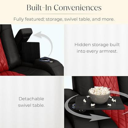 Seatcraft Diamante Zero-Gravity CoolZero Italian Leather Home Theater Seating, Power Headrest, Power Recline, Row of 4 Sofa, Black/Red