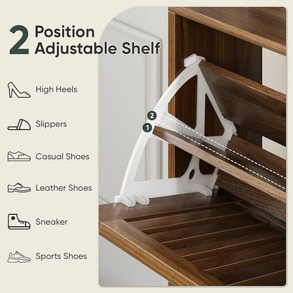Shoe Cabinet with 2 Flip Slatted Drawers, Farmhouse Slim Shoe Organizer Rack with Golden Handles, Freestanding Hidden Entryway Storage for Hallway, Walnut