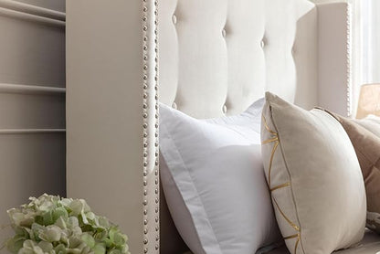 King Size Upholstered Bed Frame, 54" Tall Headboard Platform Bedframes with Nail Head Decorative Wingback, Hand Buttoned Tufting Headboard Beds/No Box Spring Needed/Minimalism, Ivory Velvet