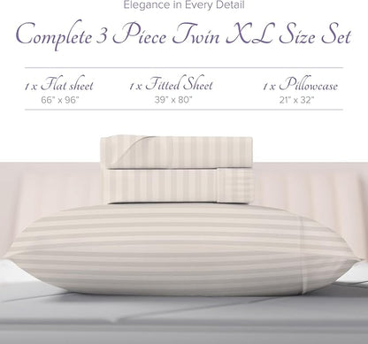 Carressa Linen Striped Egyptian Cotton Sheets Twin XL Size - 600 Thread Count 3 PC Damask Twin XL Sheets Deep Pockets, Sateen Weave College Dorm Bedding Twin XL, Fits Mattress Upto 18" - Ivory