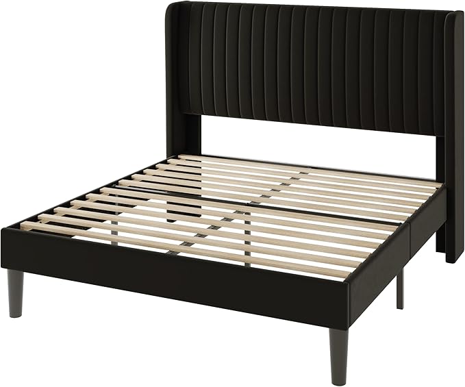 Allewie Queen Size Velvet Bed Frame/Vertical Channel Tufted Wingback Headboard/Upholstered Platform Bed/Strong Wooden Slats/No Box Spring Needed/Easy Assembly/Black