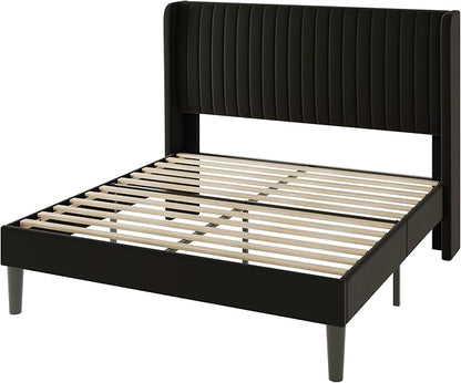 Allewie Queen Size Velvet Bed Frame/Vertical Channel Tufted Wingback Headboard/Upholstered Platform Bed/Strong Wooden Slats/No Box Spring Needed/Easy Assembly/Black
