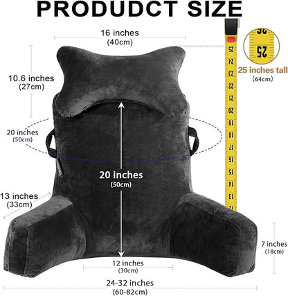 SLIGUY Reading Pillow-Bed Rest Pillow with Detachable Neck Roll & Higher Support Arm for Sitting in Bed Couch or Floor-Backrest Reading Pillow Adult Back Pillow for Reading/Watching TV/Gaming,Black