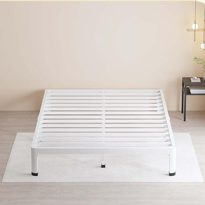 MAF 10 Inch Full Size Bed Frame White with Round Corner Legs Mattress Slide Stopper No Box Spring Needed Heavy Duty Metal Platform Bed Frames Under-Bed Storage Space, 3000 LBS Steel Slats Support