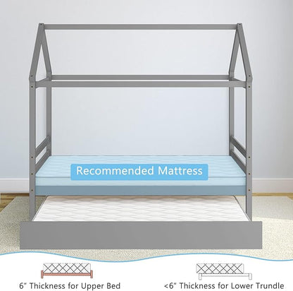 Giantex House Bed with Trundle, Solid Wood Twin Size Daybed for Girls & Boys, Kids Platform Bed Frame with Roof for Bedroom, No Box Spring Needed, Grey