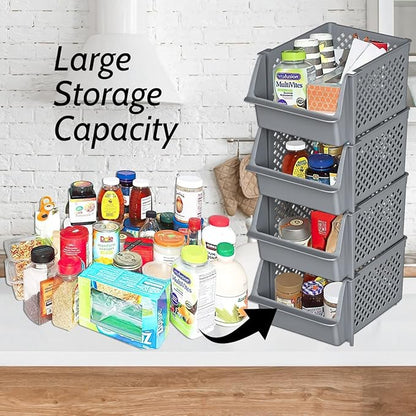 TidyFriend Plastic Stackable Storage Bins for Pantry, 4 Pack Stackable Bins For Organizing Food, Kitchen, and Bathroom Essentials (Grey)
