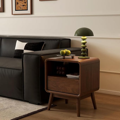 100% Solid Wood Nightstand, Walnut Night Stand with Drawer and Open Shelf, Mid Century Nightstand, Wooden Nightstands, Small Nightstands for Small Spaces Bedroom(Dark Black Walnut, 20.47" H)