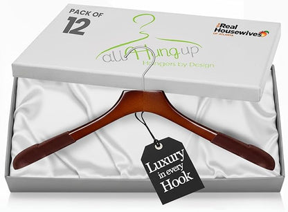 Premium Luxe Wooden Hangers for Women, Wide Shoulder Design for Dresses, Skirts, Sweaters & Blouses, Heavy Duty with Velvet Grip, High Gloss Brown with Brown Velvet, 12 pcs
