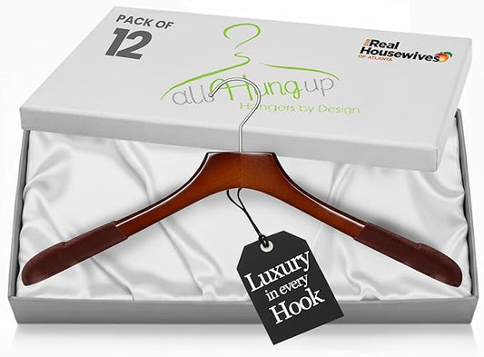 Premium Luxe Wooden Hangers for Women, Wide Shoulder Design for Dresses, Skirts, Sweaters & Blouses, Heavy Duty with Velvet Grip, High Gloss Brown with Brown Velvet, 12 pcs