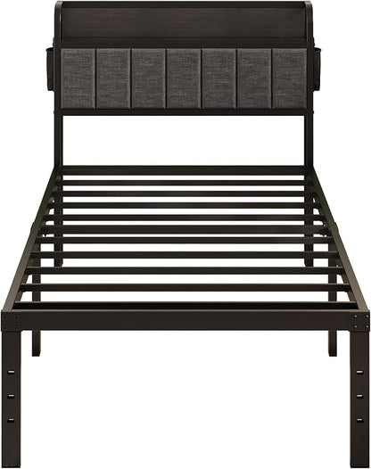 16 Inch Twin XL Bed Frames with Upholstered Storage Headboard, Heavy Duty XL Twin Bed Frame No Box Spring Need, Gray