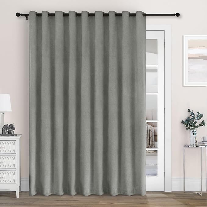 Macochico Extra Wide 100% Blackout Chenille Curtains 100" Wx96 L Thermal Drapes for Sliding Door Living Room Bedroom Auditorium Hotel Rock Grey Curtains Grommet Top with Tieback Classic 1 Panel