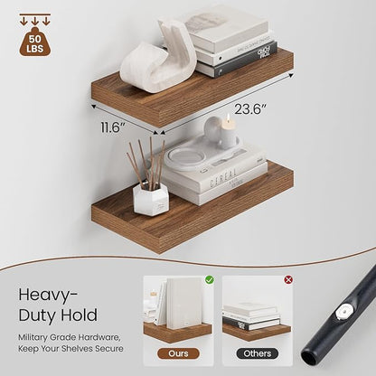 Heimlove 12" Deep Walnut Floating Shelves for Wall, 24 Inch Shelf Bathroom Shelves Set of 2, Mounted Shelves for Books Living Room Laundry Room Bedroom Kitchen Home Office
