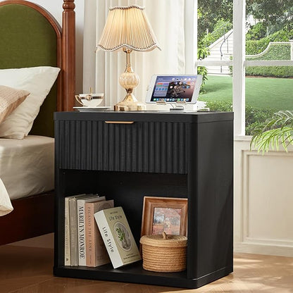 LEYAOYAO 48" Wide Fluted Dresser and 1 Drawers 23" Nightstand Set of 2, Wooden Dresser & Night Stand with Charging Station, 3 Piece Bedroom Furniture Set, Chest of Drawer for Living Room,Black