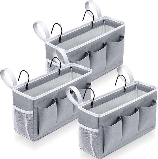 3 Pcs Bedside Caddy Storage Organizer, Bedside Hanging Storage Bag with Pockets and Fixed Straps for Bunk Bed Shelf Dorm Rooms Crib Bed Rails Hospital Beds, Can Be Placed Glasses Books