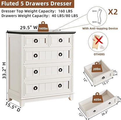 Farmhouse 5 Drawer Dresser for Bedroom, 33.2" Tall Small Dressers & Chest of Drawers, Rustic Wood Dresser with Metal Handle, Storage Organizer Closet for Living Room, Hallway, Entryway