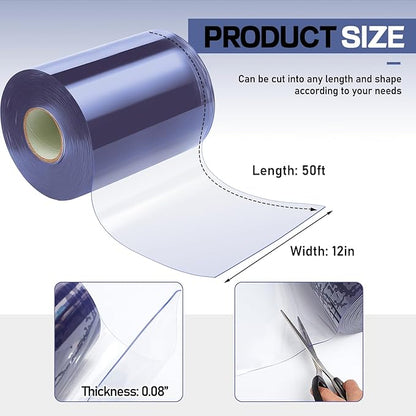 Moukeren Plastic Door Curtain for Winter 50 ft x 12 Inch Thermal Insulated Garage Door Strip Curtains Smooth Waterproof Clear PVC Strip Curtain for Warehouse Freezer Garage, 0.08" Thickness(Classic)