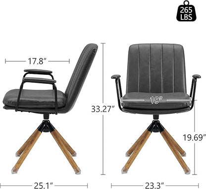 Art Leon Desk Chair No Wheels, Set of 2, Mid Century Modern Swivel Chair with Oak Wood Legs, Faux Leather Home Office Desk Chairs for Bedroom Living Room, Gray