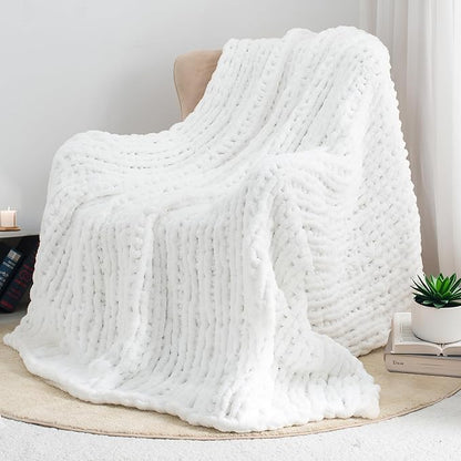 Chunky Knit Throw Blanket 50"X 60", 100% Handmade with Soft Chenille Yarn, 4.4lbs Thick Cable Knitted Blankets, Large Rope Knot Crochet Throws for Couch Sofa Bed Home Decor, Snow White