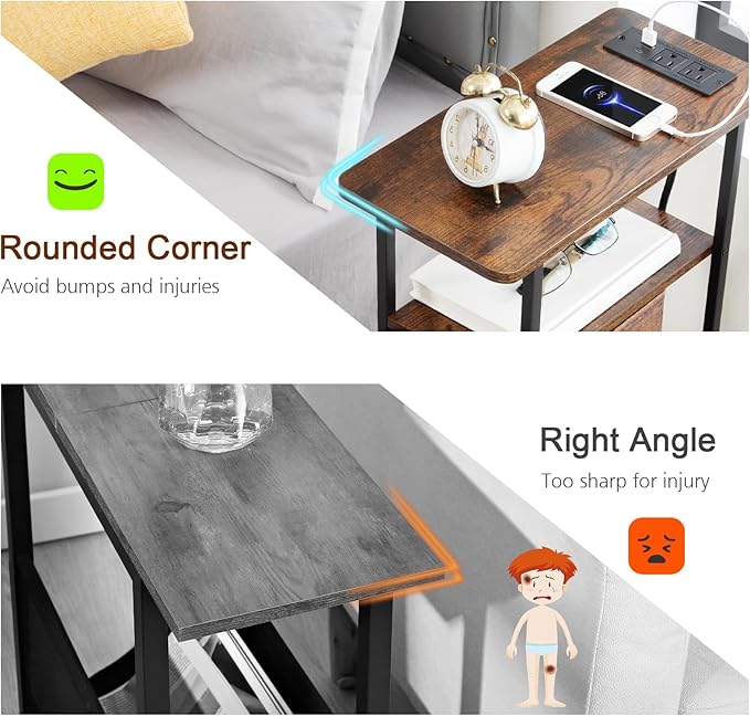 LOAKEKEL Narrow End Table Living Room with Charging Station, Skinny Side Table with Fabric Drawers, Slim Nightstand for Bedroom, Small Spaces, Couch, Rustic Brown, HETNDP02PBR-1