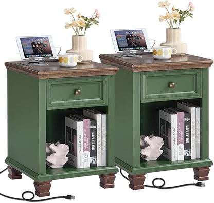 SAVOR LIFE Farmhouse End Tables Living Room Set of 2, Rustic Wood Nightstand with 1 Drawer, Bedside Table with Open Shelf for Bed Room, Side Table for Living Room, Green