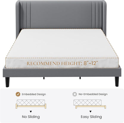 SHA CERLIN King Size Velvet Upholstered Platform Bed Frame with Vertical Channel Tufted Wingback Headboard, Wooden Slats Support, Easy Assembly, Under Bed Storage, No Box Spring Required, Grey