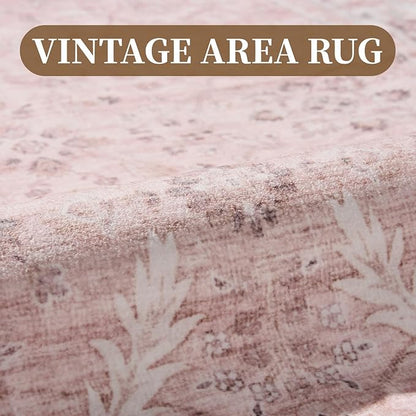 MontVoo-Vintage Area Rug 5X7 Pink Rugs for Living Room-Soft Distressed Printed Rugs for Bedroom-Non Slip Carpet-Machine Washable Rug for Dining Room Living Room Bedside Office