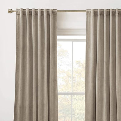 RYB Home Farmhouse Curtains Elegant Velvet, Room Darkening Privacy Shades as Window Treatment Thermal Curtains for Dining Living Room Bedroom, Camel Beige, W52 x L96 inches, Set of 2