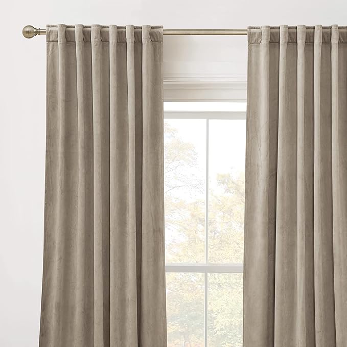RYB Home Camel Beige Velvet Farmhouse Curtains, Darkening Privacy Shades as Window Treatment Thermal Curtains for Living Room Bedroom Dining Room, W52 x L84 inches, Set of 2
