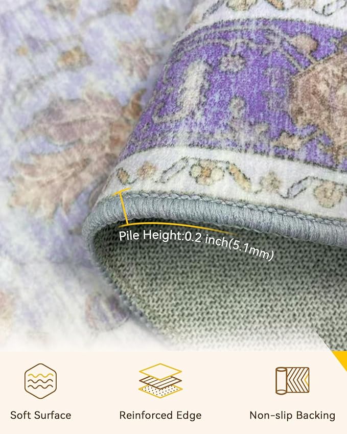 Area Rugs 2'x3' Washable Non-Slip, Floral Vintage Distress Print Pattern Medallion Carpet for Living Room Bedroom Dining Room, Light Purple Brown