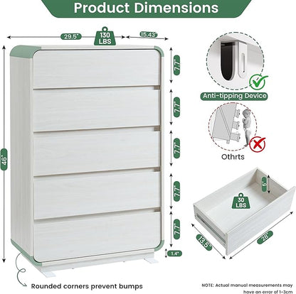 White 5 Drawers Dresser, Curved Dresser with Storage Organizer, Modern Drawer of Handleless, Large Chest of Drawers for Living Room, Nursery, Entryway, 29.5’’W