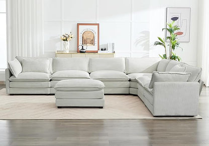 ROWHY 150'' Modular Sectional Corner Cloud Couch, 7 Seater Sofa Big Comfy Corduroy V Shaped Couch with 4 Throw Pillows, Movable Ottoman, Couches for Living Room Office Light Grey