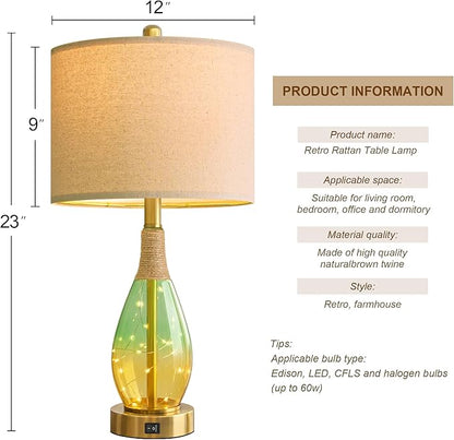 OYEARS 23" Table Lamps Set of 2,Farmhouse Lamps with Glass Nightlight, Bedside Lamps for Living Room, Rattan Lamps for Bedroom Nightstands, Two Light Points