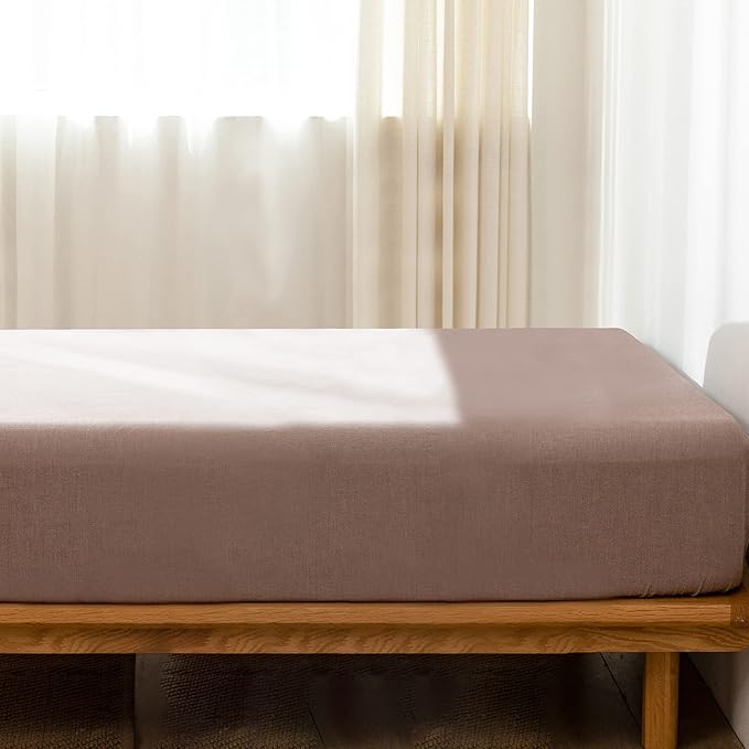 MooMee Fitted Bottom Sheet Only 100% Washed Cotton Linen Like Textured Breathable Durable Soft Comfy Deep Pocket Fits Mattress up to 17" (Mauve Brown, King)