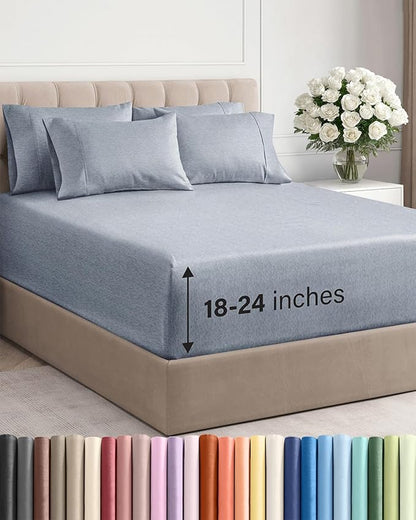 Extra Deep Full Sheet Set - 6 Piece Breathable and Cooling Sheets - Hotel Luxury Bed Sheets Set - Easy Fit - Soft, Wrinkle Free and Comfy Sheets Set - Heathered Blue Sheet Set with Extra Deep Pockets