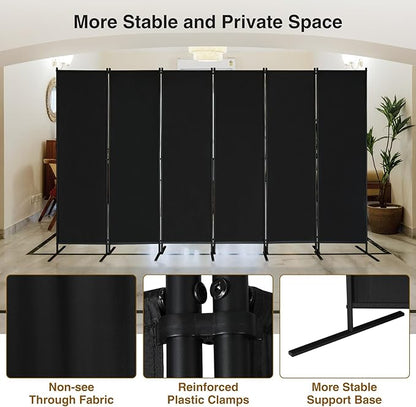 Large 6 Panel Freestanding Folding Room Divider with Support Base, 10FT Wide 6FT Tall Privacy Screen Partition Room Dividers with Freely Combined Connector, 119"x71", Black
