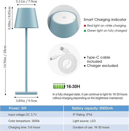 4 Packs Rechargeable LED Table Lamp,6000mAh Outdoor Cordless Desk Lamp Waterproof Portable, Stepless Dimmable Lamps for Restaurant/Bedroom/Outdoor (Blue)