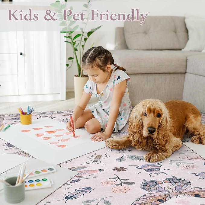 Lahome Insect Print Washable Rugs 8x10, Soft 8x10 Rugs for Living Room Dining Room Ultra-Thin, Non-Slip Modern Bedroom Rug Large Carpet Non-Shedding Accent Rug for Office Classroom(8x10ft,Pink)