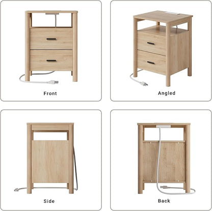 FavourLife Night Stand, 20" Wide Nightstand, Modern Large Nightstand with Charging Station, 2 Drawer Wooden End Table with Solid Round Post Legs & Open Shelf, Bedside Table for Bedroom, Natural Oak