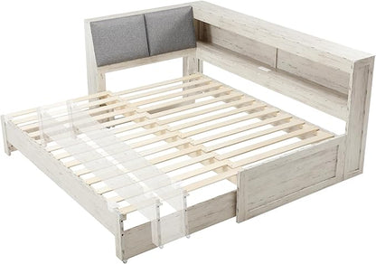 Corner Bed Frame with Extendable Trundle Bed and Bookcase Upholstered Headboard, 3-in-1 Twin Size Wood Daybed with LED Lights and Charging Station, for Bedroom, Guest Room, White