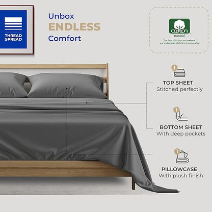 THREAD SPREAD Egyptian Cotton Sheets - 400 Thread Count 100% Cotton Twin XL Size Sheet Set, 3 PC Twin XL Sheets, Luxury Sateen, Dorm Rooms, 16" Deep Pocket Breathable Cotton Sheet (Dark Grey)