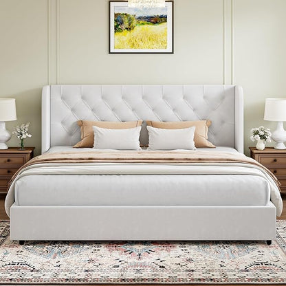 HOMBCK White King Bed Frame, Velvet Upholstered Platform Bed Frame with Headboard, Curved Wingback Design, Wooden Slats, No Box Spring, Noise Free, Easy Assembly