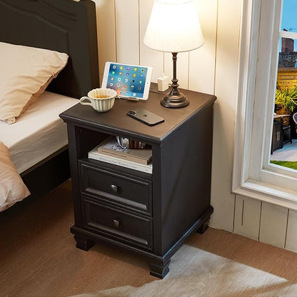 SAVOR LIFE Farmhouse Nightstand Set of 2 with Charging Station, Rustic Black Nightstand,2 Drawers End Table for Living Room,Bedside Table with Open Shelf for Bed Room,Black